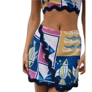 NWT Anthropologie Celandine Ric Rac Fish Print Linen Blend Blue Mini Skirt